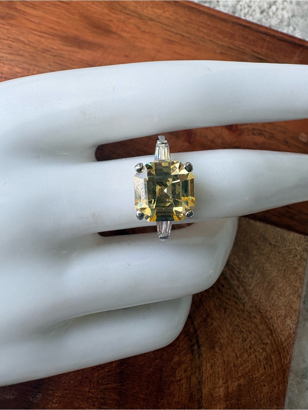 Yellow Square-Cut Stone Ring with Side Baguettes - Size 8